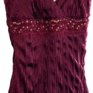 Spaghetti strap Ruched Cami Tank with Embellishments, Deep red-purple.